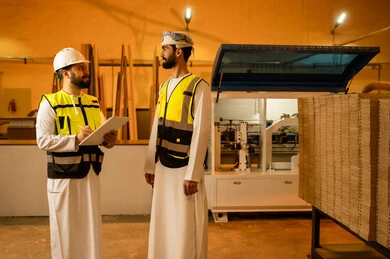 Wooden furniture manufacturing workshop, recording ideas and information, the concept of discussions and dialogues, two Arab Gulf engineers from Oman wearing safety vests and helmets supervising the progress of the work plan, popular crafts and manual professions, carpentry workshops in the Sultanate of Oman.