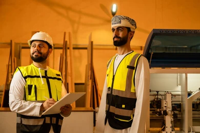 Popular crafts and manual professions, the concept of discussions and dialogues, recording ideas and information, a wooden furniture manufacturing workshop, two Arab Gulf engineers from Oman wearing safety vests and helmets supervising the progress of the work plan, carpentry workshops in the Sultanate of Oman.