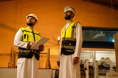 تسجيل الأفكار والمعلومات، معمل تصنيع الأثاث الخشبي، مفهوم الناقشات والحوارات، مهندسان عربيان خليجيان عمانيان يرتديان سترة وخوذة الحماية يشرفان على سير خطة العمل، حرف ومهن يدوية شعبية، ورشات النجارة في سلطنة عمان