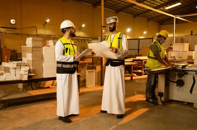 حوارات ونقاشات هادفة، الاشراف على سير خطة العمل، حرف ومهن شعبية، معمل تصنيع الأثاث الخشبي، ورشات النجارة في سلطنه عمان،مهندس عربي خليجي عماني يرتدي سترة وخوذة الحماية يحمل بيده مخطط هندسي يقف برفقة زميلة، تسجيل وتوثيق الملاحظات حوارات ونقاشات هادفة، الاشراف على سير خطة العمل، حرف ومهن شعبية، معمل تصنيع الأثاث الخشبي، ورشات النجارة في سلطنه عمان،مهندس عربي خليجي عماني يرتدي سترة وخوذة الحماية يحمل بيده مخطط هندسي يقف برفقة زميلة، تسجيل وتوثيق الملاحظات