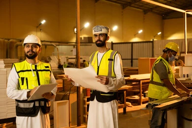 حرف ومهن شعبية، الاشراف على سير خطة العمل، حوارات ونقاشات هادفة، معمل تصنيع الأثاث الخشبي، ورشات النجارة في سلطنه عمان،مهندس عربي خليجي عماني يرتدي سترة وخوذة الحماية يحمل بيده مخطط هندسي يقف برفقة زميلة، تسجيل وتوثيق الملاحظات