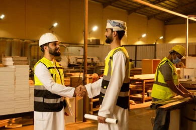 The production of home and office furniture, a friendly greeting between colleagues, workshops in the Sultanate of Oman, the quality of national local production, traditional old crafts and professions, an Arab Gulf Omani engineer wearing traditional attire and work uniform shakes hands with his colleague.