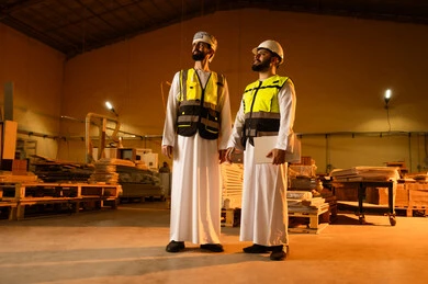 مهن ووظائف صناعية، معمل تصنيع الأثاث الخشبي، المتابعة والإشراف على آلات المعمل، ورشات النجارة في سلطنة عمان، مهندسان عربيان خليجيان عمانيان يرتديان سترة وخوذة الحماية يقفان داخل المصنع ينظران الى  شيء ما