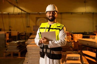 Wooden furniture manufacturing factory, industrial professions and jobs, monitoring and supervising workshop machines, carpentry workshops in the Sultanate of Oman, an Arab Gulf engineer from Oman wearing a dishdasha, helmet, and safety vest holding a folder in his hand.