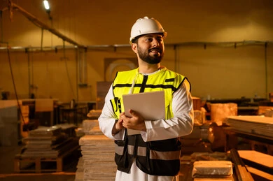 Looking at something, a wooden furniture manufacturing factory, industrial professions and jobs, monitoring and supervising the workshop machines, carpentry workshops in the Sultanate of Oman, an Arab Gulf engineer from Oman wearing a dishdasha, helmet, and safety vest holding a paper folder in his hand.