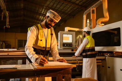 Home furniture manufacturing workshop, technological development and progress in wood industry, a worker operating a laser wood cutting machine, writing and taking notes, working in the industrial sector, an Arab Gulf Omani engineer wearing a dishdasha and safety vest supervising the workers.