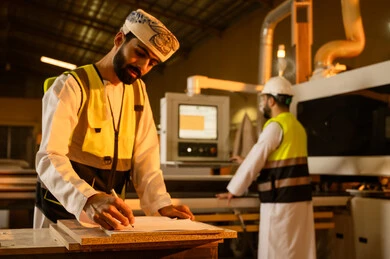 كتابة و تدوين الملاحظات، عامل يقوم بالعمل على جهاز قص الخشب بالليزر، معمل تصنيع الأثاث المنزلي، التطور والتقدم التقني في صناعة الخشب، العمل في القطاع الصناعي، مهندس عربي خليجي عماني يرتدي الدشداشة و ستره الحماية يقوم بالاشراف على العمال