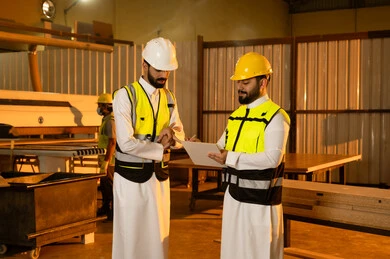 كتابة وتسجيل الملاحظات، معمل تصنيع الأثاث الخشبي، مفهوم الناقشات والحوارات، مهندسان عربيان خليجيان سعوديان يرتديان سترة وخوذة الحماية يشرفان على سير خطة العمل، حرف ومهن يدوية شعبية، ورشات النجارة في المملكة العربية السعودية