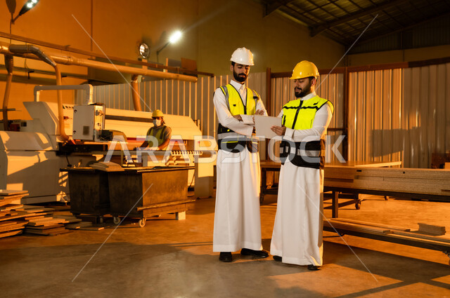 تسجيل الأفكار والمعلومات، معمل تصنيع الأثاث الخشبي، مفهوم الناقشات والحوارات، مهندسان عربيان خليجيان سعوديان يرتديان سترة وخوذة الحماية يشرفان على سير خطة العمل، حرف ومهن يدوية شعبية، ورشات النجارة في المملكة العربية السعودية