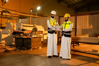 تسجيل الأفكار والمعلومات، معمل تصنيع الأثاث الخشبي، مفهوم الناقشات والحوارات، مهندسان عربيان خليجيان سعوديان يرتديان سترة وخوذة الحماية يشرفان على سير خطة العمل، حرف ومهن يدوية شعبية، ورشات النجارة في المملكة العربية السعودية