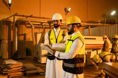 Popular crafts and manual professions, a wooden furniture manufacturing workshop, recording ideas and information, the concept of discussions and dialogues, two Arab Gulf engineers from Saudi Arabia wearing safety vests and helmets supervising the progress of the work plan, carpentry workshops in the Kingdom of Saudi Arabia.