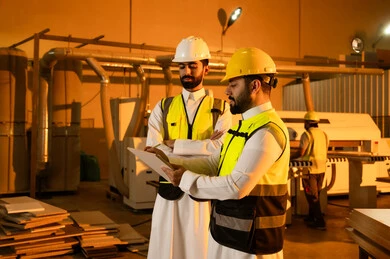 Wood furniture manufacturing workshop, recording ideas and information, the concept of discussions and dialogues, two Arab Gulf engineers from Saudi Arabia wearing safety vests and helmets supervising the progress of the work plan, popular crafts and manual professions, carpentry workshops in the Kingdom of Saudi Arabia.