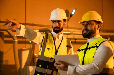 Recording important points and ideas, wooden furniture manufacturing workshop, the concept of discussions and dialogues, referring to something, two Arab Gulf engineers from Saudi Arabia wearing vests and safety helmets supervising the progress of the work plan, popular crafts and manual professions.