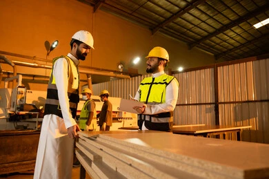 Recording data and ideas, wooden furniture manufacturing workshop, the concept of discussions and dialogues, two Arab Gulf engineers from Saudi Arabia wearing safety vests and helmets supervising the progress of the work plan, popular crafts and manual professions, carpentry workshops in the Kingdom of Saudi Arabia.