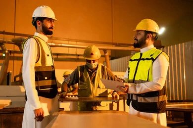 توثيق المعلومات والأفكار، معمل تصنيع الأثاث الخشبي، مفهوم الناقشات والحوارات، مهندسان عربيان خليجيان سعوديان يرتديان سترة وخوذة الحماية يشرفان على سير خطة العمل، حرف ومهن يدوية شعبية، ورشات النجارة في المملكة العربية السعودية