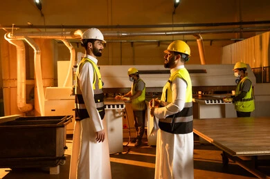 Writing notes and ideas, wooden furniture manufacturing workshop, the concept of discussions and dialogues, two Arab Gulf engineers from Saudi Arabia wearing vests and safety helmets supervising the progress of the work plan, popular crafts and manual professions, carpentry workshops in the Kingdom of Saudi Arabia.