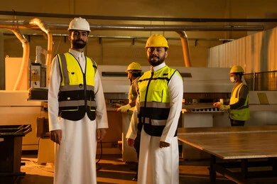 إدارة العمليات ومراقبة أداء المصنع، ارتداء خوذة الحمايه، مهندسان عربيان سعوديان خليجيان يرتديان الثوب  ينظران الى الكاميرا بتعابير السرور، معامل ومصانع محليه سعوديه