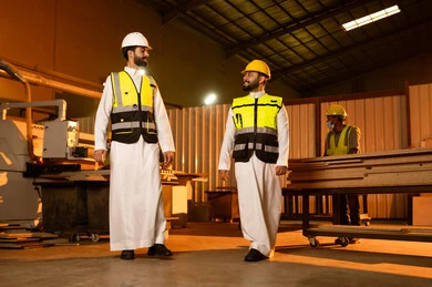 Wearing a safety helmet, supervising the operation of production lines, two Arab Saudi Gulf engineers wearing traditional attire are walking in one of the warehouses discussing work, exchanging opinions and ideas, local Saudi factories and plants.
