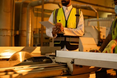Writing and taking notes, a worker operating a laser wood cutting machine, a home furniture manufacturing workshop, technological development and progress in the wood industry, working in the industrial sector, an Arab Gulf Saudi engineer in a white robe and safety vest supervising the workers.