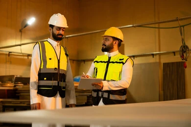 Traditional handicrafts, wooden furniture manufacturing workshop, recording ideas and information, the concept of discussions and dialogues, two Arab Gulf engineers from Saudi Arabia wearing safety vests and helmets supervising the progress of the work plan, carpentry workshops in the Kingdom of Saudi Arabia.