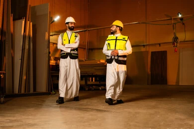 متابعة إجراءات التشغيل اليومية في المصنع، ارتداء خوذة الحمايه ، مهندسان عربيان سعوديان خليجيان يرتديان الثوب يسيران في احدى المستودعات يقومان بمناقشة العمل ،تبادل الاراء و الافكار، معامل ومصانع محليه سعوديه