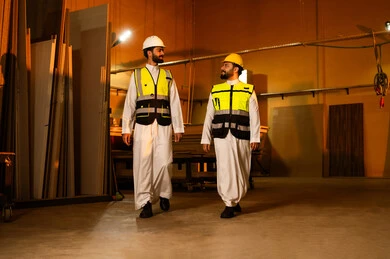 الإشراف على العمليات التشغيلية داخل المصنع، ارتداء خوذة الحمايه ، مهندسان عربيان سعوديان خليجيان يرتديان الثوب يسيران في احدى المستودعات يقومان بمناقشة العمل ،تبادل الاراء و الافكار، معامل ومصانع محليه سعوديه