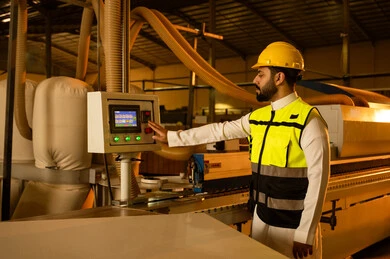 التقدم والتطور التقني في صناعة الخزائن الخشبيه، العمل في القطاع الصناعي, مهندس عربي خليجي سعودي يرتدي الخوذة وسترة الحماية يعمل على آلة الطباعة الليزرية, اختيار الرسومات والنقوش عبر الحاسب الآلي, معمل تصنيع الأثاث المنزلي