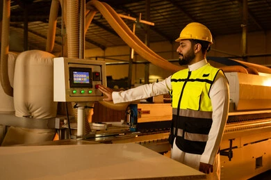 Work in the industrial sector, progress and technological development in the production of wooden cabinets, a Saudi Gulf Arab engineer wearing a helmet and protective vest working on a laser printing machine, selecting designs and engravings via computer, home furniture manufacturing workshop.
