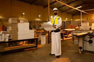 Monitoring the implementation of projects and tasks, a Saudi Gulf Arab engineer wearing a hat and safety vest holding a blueprint in his hands, explaining the details of the plan, carpentry workshops in Saudi Arabia, a factory for manufacturing cabinets and wooden furniture, looking at something.