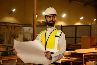 Supervising the progress of work and projects, a Saudi Gulf Arab engineer wearing a hat and safety vest holding a blueprint in his hands, explaining the details of the plan, carpentry workshops in Saudi Arabia, a factory for manufacturing cabinets and wooden furniture, looking at something.