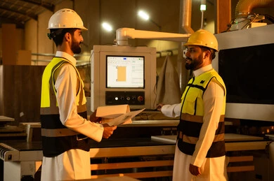 حوارات ونقاشات هادفة، حرف ومهن شعبية، متابعة تقدم المشروع ، معمل تصنيع الخزائن والأثاث الخشبيه، ورشات النجارة في السعودية، مهندسان عربيان خليجيان سعوديان يرتديان سترة وخوذة الحماية يقومان بمناقشة الخطط، منتج محلي وطني