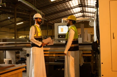 Popular crafts and professions, monitoring project progress, meaningful dialogues and discussions, a workshop for manufacturing cabinets and wooden furniture, carpentry workshops in Saudi Arabia, two Arab Gulf engineers from Saudi Arabia wearing safety vests and helmets discussing plans, a local national product.