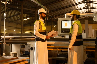 Monitoring the progress of the project, crafts and popular professions, purposeful dialogues and discussions, a workshop for manufacturing cabinets and wooden furniture, carpentry workshops in Saudi Arabia, two Arab Gulf engineers from Saudi Arabia wearing safety vests and helmets discussing plans, a local national product.