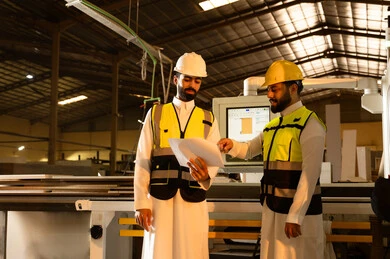 الاشراف على سير خطة العمل، حرف ومهن شعبية، حوارات ونقاشات هادفة، معمل تصنيع الخزائن والأثاث الخشبيه، ورشات النجارة في السعودية، مهندسان عربيان خليجيان سعوديان يرتديان سترة وخوذة الحماية يقومان بمناقشة الخطط، منتج محلي وطني