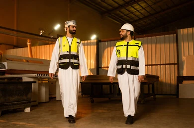 Inspection and monitoring of laboratory equipment, carpentry workshops in the Sultanate of Oman, wooden furniture manufacturing factory, industrial professions and jobs, an Arab Gulf Omani engineer wearing a turban and safety vest walking with a colleague inside the factory.