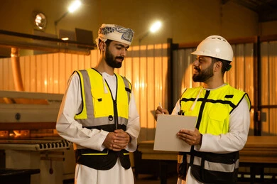 مشاركة الآراء والخبرات، صناعة الأثاث المنزلي والمكتبي، ورشات عمل في سلطنة عمان, جودة الانتاج المحلي الوطني، رجل مهندس عربي خليجي عماني يرتدي الدشداشة و العمامة و سترة الحماية يقف برفقة زميلة يقومان بمتابعة سير العمل ، كتابة و تدوين الملاحظات