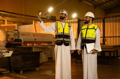 الإشراف على المعدات ومتابعة أدائها، الاشارة الى شيء ما، ورشات النجارة في سلطنة عمان، معمل تصنيع الأثاث الخشبي، مهن ووظائف صناعية، مهندس عربي عماني يرتدي العمامة و سترة الحماية يقوم بمناقشة العمل مع زميلة داخل المصنع