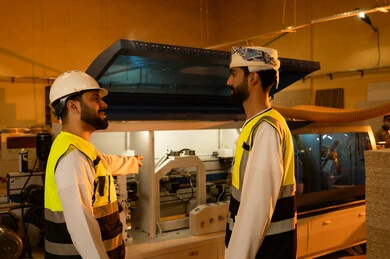 Referring to something, monitoring and supervising laboratory machines, carpentry workshops in the Sultanate of Oman, wooden furniture manufacturing factory, industrial professions and jobs, an Omani Arab engineer wearing a turban and safety vest is discussing work with a colleague inside the factory.