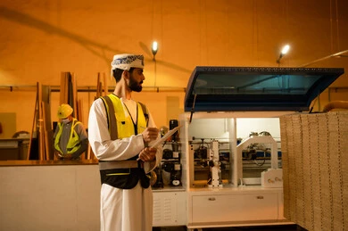 The manufacture of wooden furniture in the factory, industrial professions and jobs, recording and taking notes, monitoring and supervising the workshop machines, carpentry workshops in the Sultanate of Oman, an Arab Gulf engineer from Oman wearing a turban, dishdasha, and safety vest holding a paper folder in his hand.