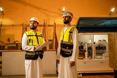 Manufacturing home furniture, looking at something, workshops in the Sultanate of Oman, quality of local national production, an Arab Gulf Omani engineer wearing a dishdasha and turban and a safety vest stands alongside a colleague as they monitor the workflow, writing and taking notes.