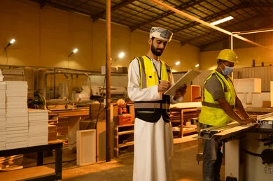 معمل تصنيع الأثاث المنزلي، التطور والتقدم التقني في صناعة الخشب، العمل في القطاع الصناعي، مهندس عربي خليجي عماني يرتدي الدشداشة و ستره الحماية يقوم بالاشراف على العمال، عامل يقوم بالعمل على جهاز قص الخشب بالليزر، كتابة و تدووين الملاحظات