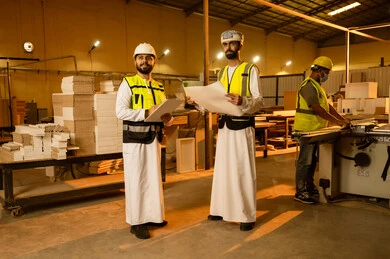 Workshops in the Sultanate of Oman, exchanging opinions and experiences, quality of national local production, manufacturing of home and office furniture, an Arab Gulf Omani engineer wearing traditional attire and a safety vest holding the engineering plan and discussing with his colleague inside the factory.