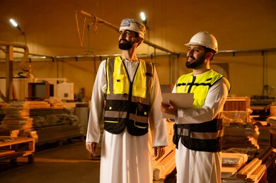 Recording and documenting notes, wooden furniture manufacturing workshop, the concept of discussions and dialogues, two Arab Gulf engineers from Oman wearing safety vests and helmets supervising the progress of the work plan, popular crafts and manual professions, carpentry workshops in the Sultanate of Oman.