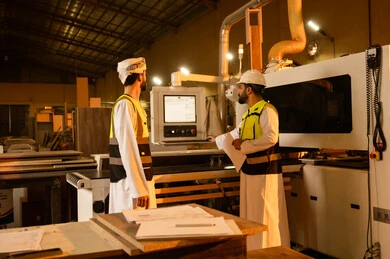 The development and technological advancement in the wood industry, exchanging opinions and experiences, monitoring and supervising the workshop machines, industrial professions and jobs, an Arab Gulf Omani engineer wearing a turban and a safety jacket stands alongside a colleague holding a bundle of paper in his hands.