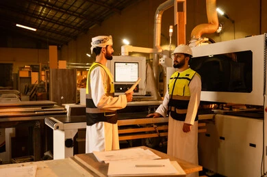 Monitoring and supervising the laboratory machines, carpentry workshops in the Sultanate of Oman, wooden furniture manufacturing factory, industrial professions and jobs, controlling equipment using technology and techniques, an Arab Gulf Omani engineer wearing a turban and safety vest stands with a colleague holding a bundle of paper in his hands.