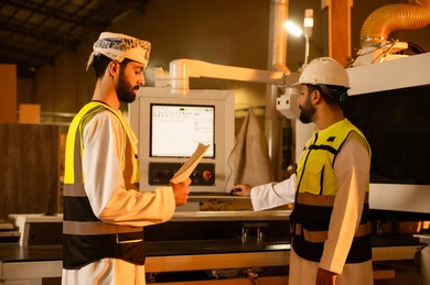 Wood furniture manufacturing workshop, industrial professions and jobs, controlling equipment using technology and techniques, carpentry workshops in the Sultanate of Oman, monitoring and supervising the workshop machines, an Arab Gulf Omani engineer wearing a turban and safety vest stands with a colleague holding a bundle of papers in his hands.