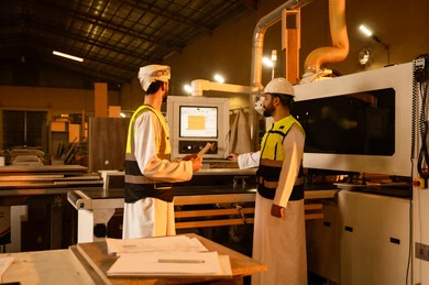 مهن ووظائف صناعية، معمل تصنيع الأثاث الخشبي، التحكم بالمعدات باستخدام التقنية والتكنولوجيا، ورشات النجارة في سلطنه عمان، المتابعة والإشراف على آلات المعمل، مهندس عربي خليجي عماني يرتدي العمامة و ستره الحماية يقف برفقة زميله يمسك بيدية مجموعه من الورق