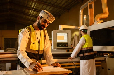 Carpentry workshops in the Sultanate of Oman, supervising the workshop machines, wooden furniture manufacturing workshop, industrial professions and jobs, recording and noting observations, an Arab Gulf Omani engineer wearing a turban and protective jacket is writing something.