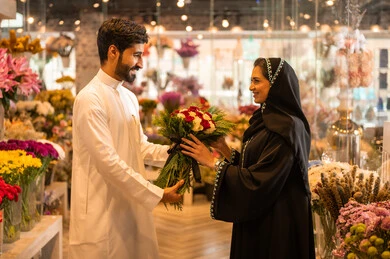 زوجان عربيان خليجيان سعوديان سعيدان يحتفلان بعيد الحب , الزوج يقدم لزوجته باقة ورد , الزوجة تعبر بإيماءات وجه ويدين تدل على الدهشة والفرح , يوم عيد الفلانتاين , أعياد ومناسبات سعيده , الاحتفال بعيد الميلاد , خلفية محل بيع الورود.