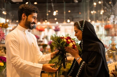 زوجان عربيان خليجيان سعوديان سعيدان يحتفلان بعيد الحب , الزوج يقدم لزوجته باقة ورد , الزوجة تعبر بإيماءات وجه ويدين تدل على الدهشة والفرح , يوم عيد الفلانتاين , أعياد ومناسبات سعيده , الاحتفال بعيد الميلاد , خلفية محل بيع الورود.